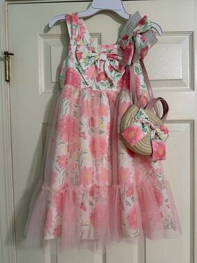 Catherine Malandrino Pink Floral Tulle Dress with Hair bow and Purse